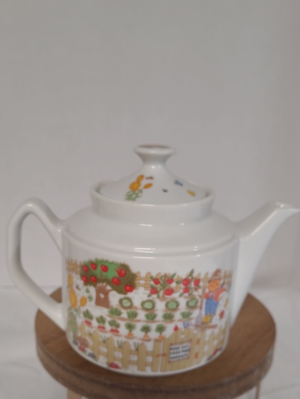 Vintage White Ceramic Teapot with Colorful Garden Illustration By Enesco.